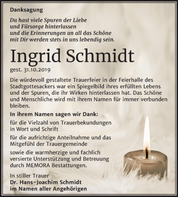 Traueranzeige von Ingrid Schmidt von Mitteldeutsche Zeitung Halle/Saalkreis