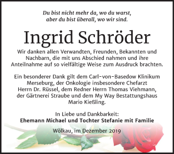 Traueranzeige von Ingrid Schröder von Super Sonntag Merseburg/Querfurt