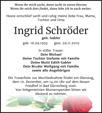 Traueranzeige von Ingrid Schröder von Super Sonntag Merseburg/Querfurt