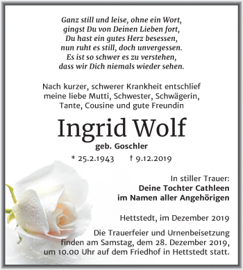 Traueranzeige von Ingrid Wolf von Mitteldeutsche Zeitung Mansfelder Land