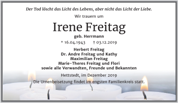 Traueranzeige von Irene Freitag von Mitteldeutsche Zeitung Mansfelder Land