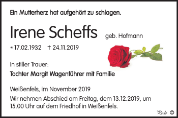 Traueranzeige von Irene Scheffs von Wochenspiegel Weißenfels