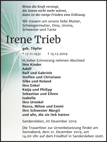 Traueranzeige von Irene Trieb von Super Sonntag Mansfelder Land