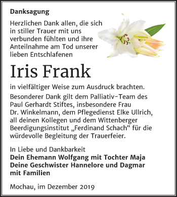Traueranzeige von Iris Frank von Super Sonntag Wittenberg