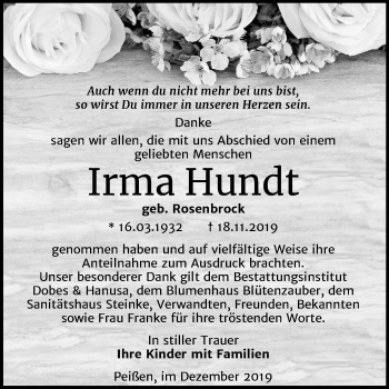 Traueranzeige von Irma Hundt von Mitteldeutsche Zeitung Bernburg