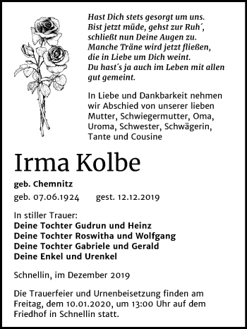 Traueranzeige von Irma Kolbe von Mitteldeutsche Zeitung Wittenberg