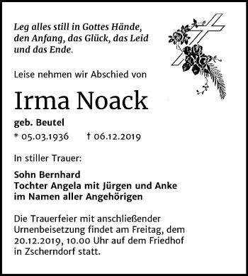 Traueranzeige von Irma Noack von Mitteldeutsche Zeitung Bitterfeld