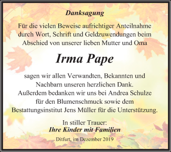 Traueranzeige von Irma Pape von Mitteldeutsche Zeitung Quedlinburg