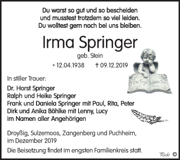 Traueranzeige von Irma Springer von Super Sonntag Zeitz