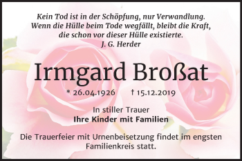 Traueranzeige von Irmgard Broßat von Mitteldeutsche Zeitung Köthen