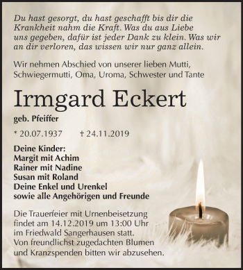 Traueranzeige von Irmgard Eckert von Mitteldeutsche Zeitung Mansfelder Land / Sangerhausen