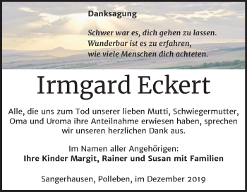 Traueranzeige von Irmgard Eckert von Mitteldeutsche Zeitung Mansfelder Land / Sangerhausen
