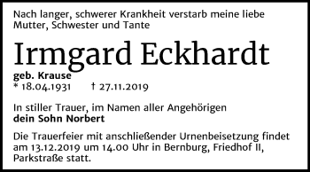 Traueranzeige von Irmgard Eckhardt von Super Sonntag Bernburg