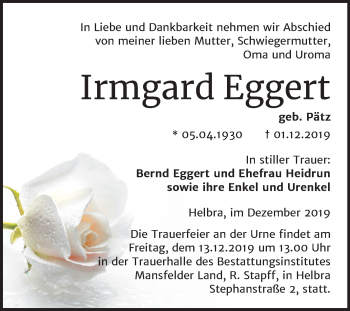 Traueranzeige von Irmgard Eggert von Mitteldeutsche Zeitung Mansfelder Land
