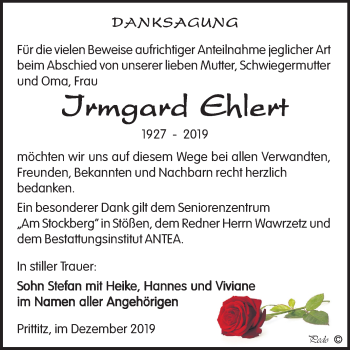 Traueranzeige von Irmgard Ehlert von Wochenspiegel Weißenfels