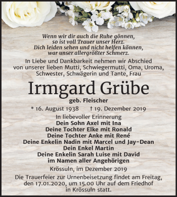 Traueranzeige von Irmgard Grübe von Mitteldeutsche Zeitung Weißenfels