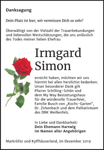 Traueranzeige von Irmgard Simon von Mitteldeutsche Zeitung Weißenfels