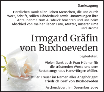 Traueranzeige von Irmgard Gräfin von Buxhoeveden von Mitteldeutsche Zeitung Aschersleben