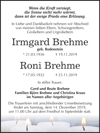 Traueranzeige von Irmgard und Roni Brehme von Super Sonntag Quedlinburg