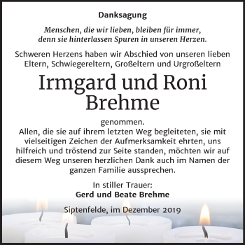 Traueranzeige von Irmgard und Roni Brehme von Super Sonntag Quedlinburg