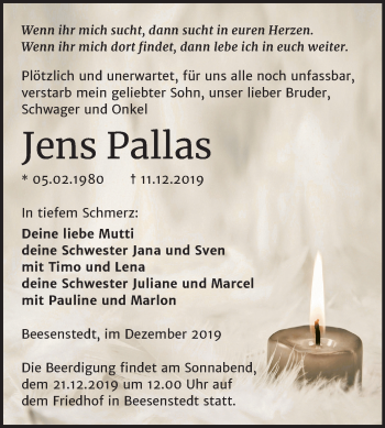 Traueranzeige von Jens Pallas von Mitteldeutsche Zeitung Halle/Saalkreis