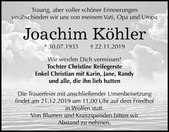 Traueranzeige von Joachim Köhler von Wochenspiegel Bitterfeld