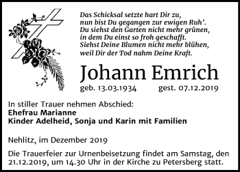 Traueranzeige von Johann Emrich von Mitteldeutsche Zeitung Halle/Saalkreis
