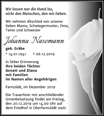 Traueranzeige von Johanna Nasemann von Wochenspiegel Merseburg/Querfurt
