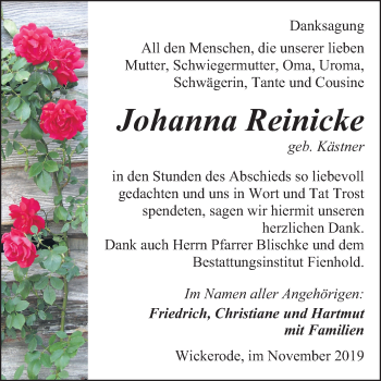 Traueranzeige von Johanna Reinicke von Mitteldeutsche Zeitung Sangerhausen