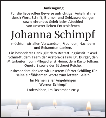 Traueranzeige von Johanna Schimpf von Mitteldeutsche Zeitung Merseburg/Querfurt