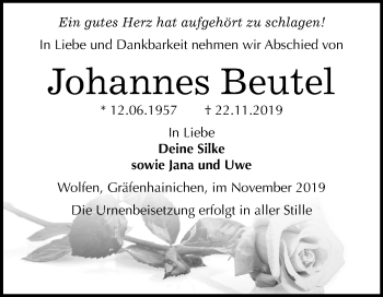 Traueranzeige von Johannes Beutel von Wochenspiegel Bitterfeld