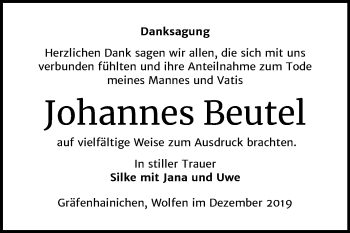 Traueranzeige von Johannes Beutel von Mitteldeutsche Zeitung Wittenberg