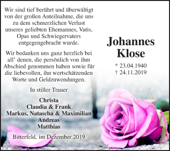 Traueranzeige von Johannes Klose von Mitteldeutsche Zeitung Bitterfeld