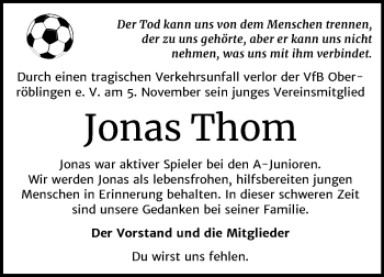 Traueranzeige von Jonas Thom von Super Sonntag Sangerhausen
