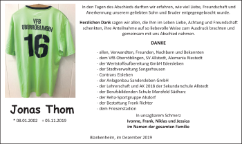 Traueranzeige von Jonas Thom von Super Sonntag Sangerhausen