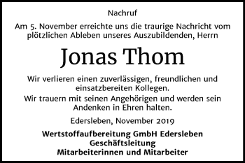 Traueranzeige von Jonas Thom von Mitteldeutsche Zeitung Sangerhausen