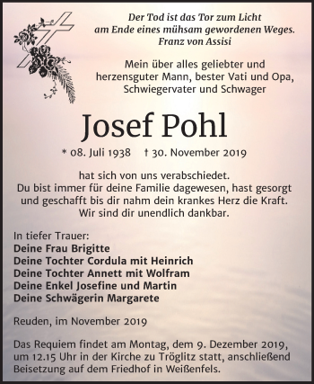 Traueranzeige von Josef Pohl von Mitteldeutsche Zeitung Zeitz