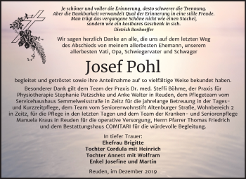 Traueranzeige von Josef Pohl von Super Sonntag Zeitz
