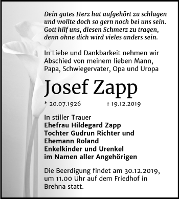 Traueranzeige von Josef Zapp von Wochenspiegel Bitterfeld