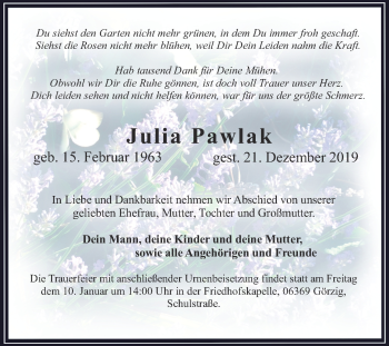 Traueranzeige von Julia Pawlak von Mitteldeutsche Zeitung Köthen