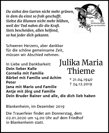 Traueranzeige von Julika Maria Thieme von Mitteldeutsche Zeitung Sangerhausen