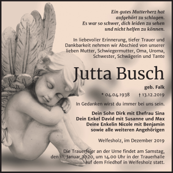 Traueranzeige von Jutta Busch von Mitteldeutsche Zeitung Mansfelder Land