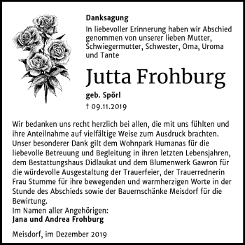 Traueranzeige von Jutta Frohburg von Super Sonntag Quedlinburg