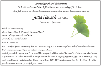 Traueranzeige von Jutta Hansch von Super Sonntag Aschersleben / Quedlinburg