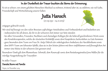 Traueranzeige von Jutta Hansch von Mitteldeutsche Zeitung Aschersleben / Quedlinburg