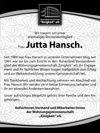 Traueranzeige von Jutta Hansch von Super Sonntag Aschersleben