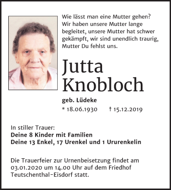 Traueranzeige von Jutta Knobloch von Mitteldeutsche Zeitung Halle/Saalkreis