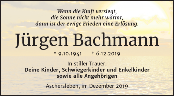 Traueranzeige von Jürgen Bachmann von Super Sonntag Aschersleben