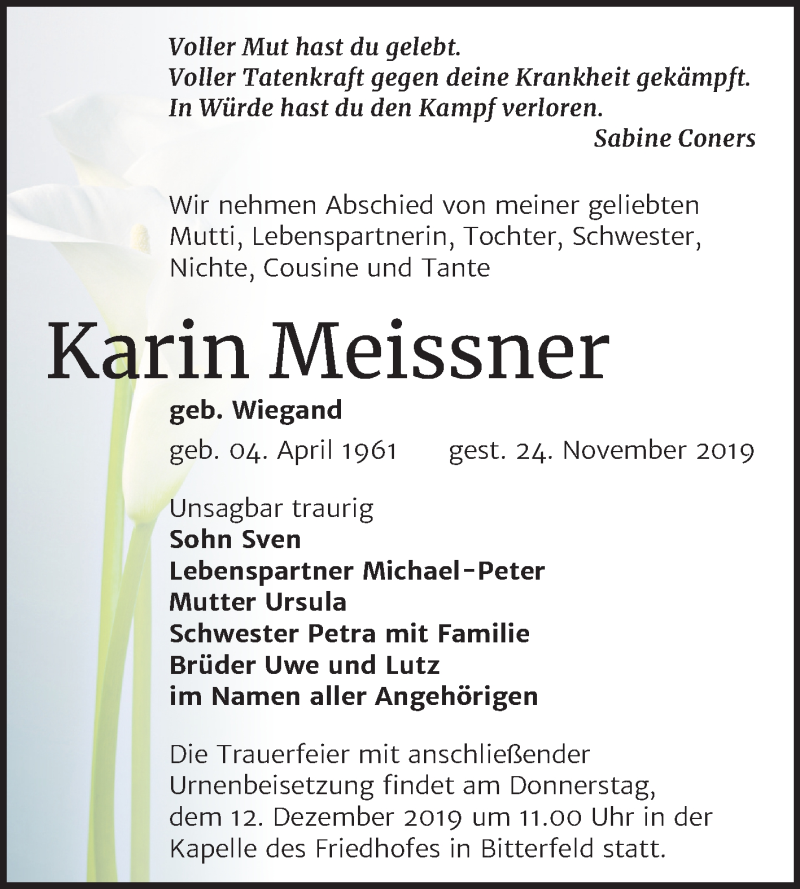  Traueranzeige für Karin Meissner vom 07.12.2019 aus Mitteldeutsche Zeitung Bitterfeld