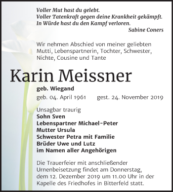 Traueranzeige von Karin Meissner von Mitteldeutsche Zeitung Bitterfeld
